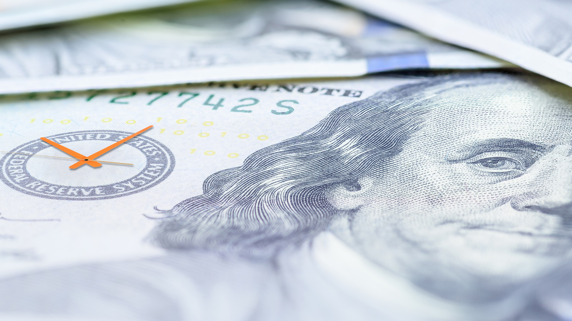 Hundred dollar bill with clock indicating trading around the clock