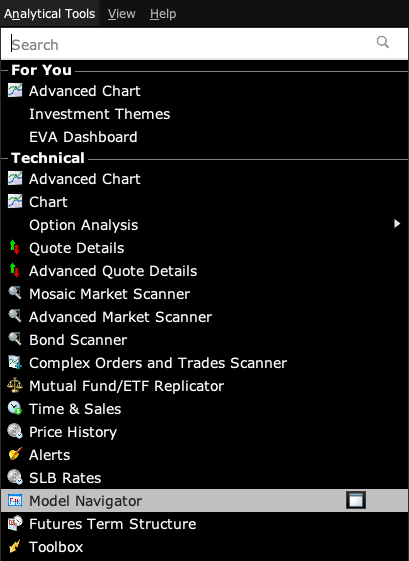 Model Navigator in Analytical Tools List
